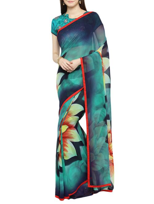 blue georgette printed saree with blouse - 14952936 - Very Small Image - 1