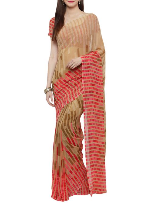 beige georgette printed saree with blouse - 14952990 - Very Small Image - 1
