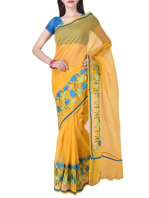 yellow kota cotton embroidered saree with blouse - 14953460 - Very Small Image - 1