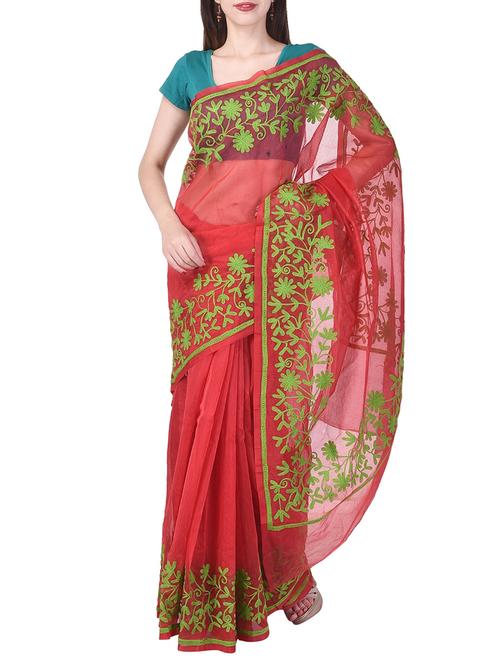 red kota cotton embroidered saree with blouse - 14953468 - Very Small Image - 1