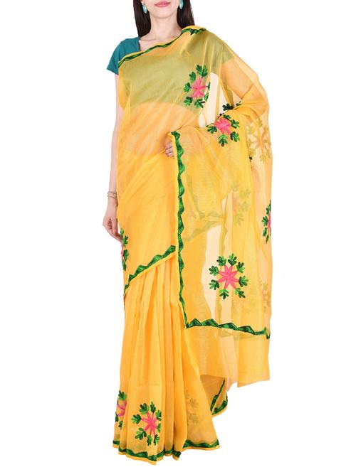 yellow kota cotton embroidered saree with blouse - 14953492 - Very Small Image - 1