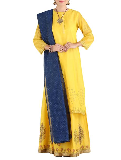 yellow chanderi kurta bottom set - 14954010 - Very Small Image - 1