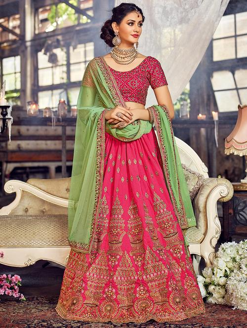 pink silk semi-stitched flared lehenga - 14959879 - Very Small Image - 1
