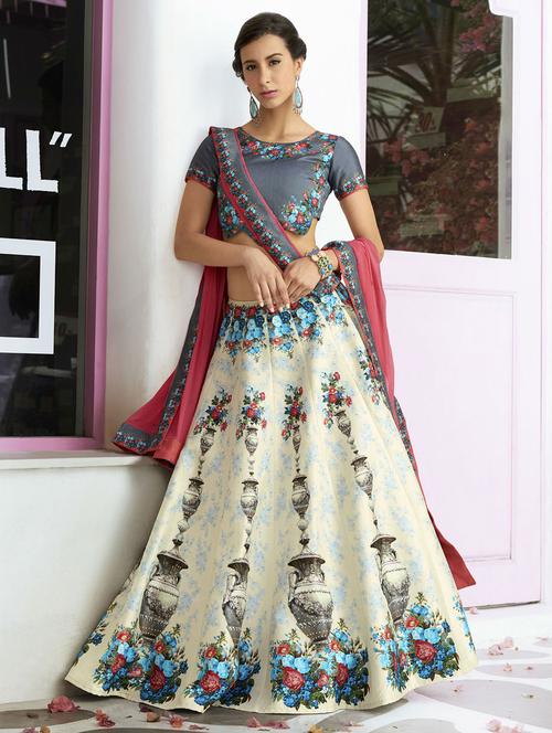 white silk panelled lehenga - 14961110 - Very Small Image - 1