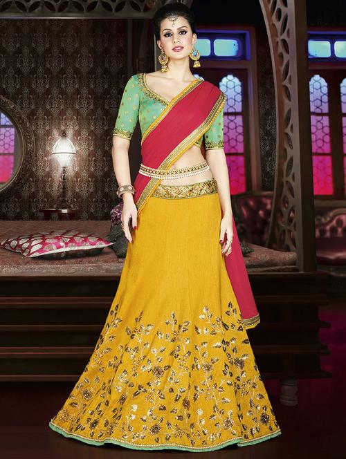 yellow silk fish-tail lehenga - 14961119 - Very Small Image - 1