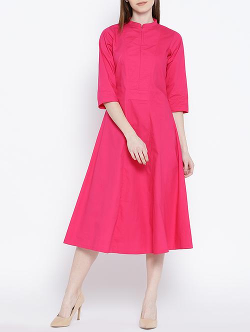 solid pink cotton a-line dress - 14961695 - Very Small Image - 1