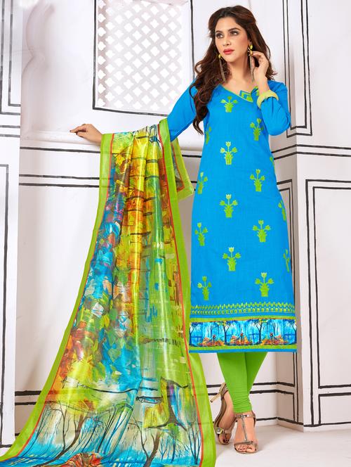 blue cotton embroidered unstitched churidar suit - 14963525 - Very Small Image - 1