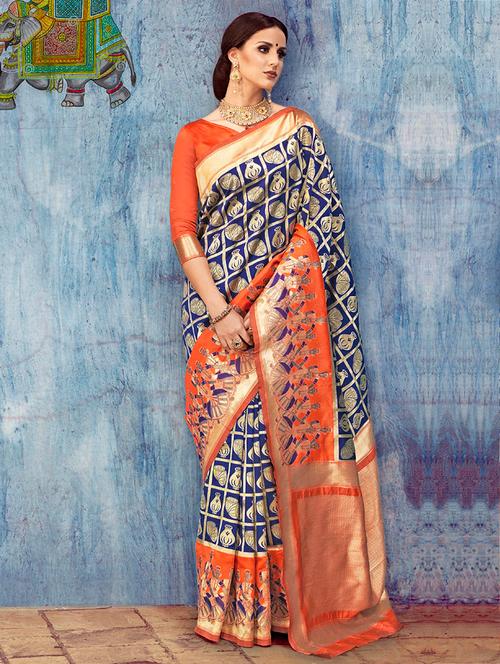 blue silk saree with blouse - 14964258 - Very Small Image - 1