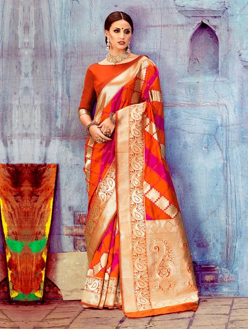 orange silk saree with blouse - 14964260 - Very Small Image - 1