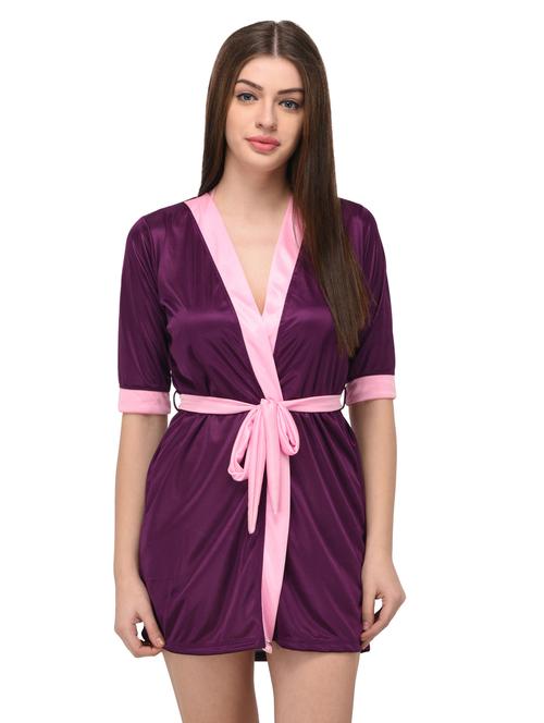 purple satin sleepwear robe with bra panty set - 14965000 - Very Small Image - 1