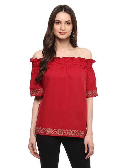 frill detail block print off shoulder top - 14965385 - Very Small Image - 1