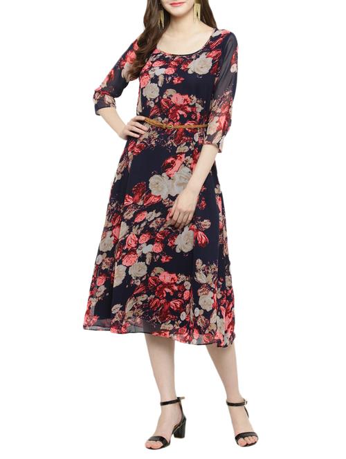 navy blue floral a-line dress - 14966355 - Very Small Image - 1