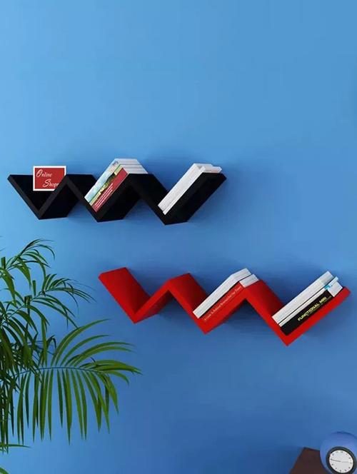 handicrafted w shape designer mdf wall shelf - set of 2 - black & red - 14968204 - Very Small Image - 1