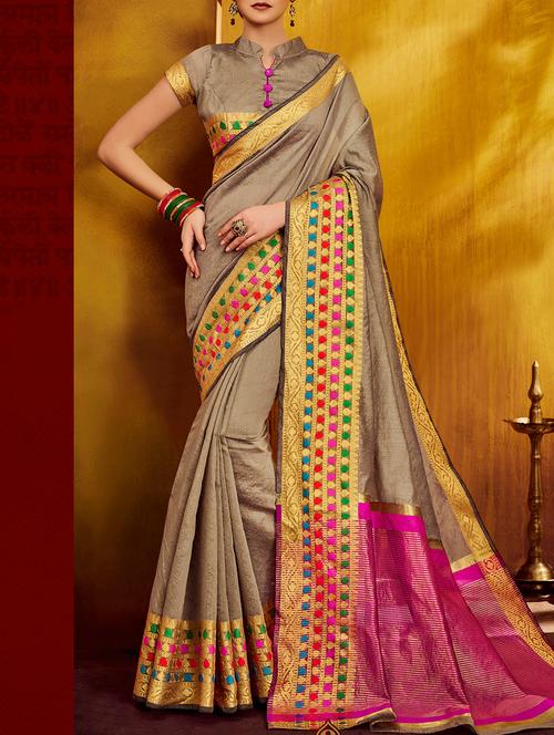 beige silk bordered saree with blouse - 14968239 - Very Small Image - 1