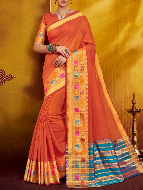 orange silk bordered saree with blouse - 14968245 - Very Small Image - 1