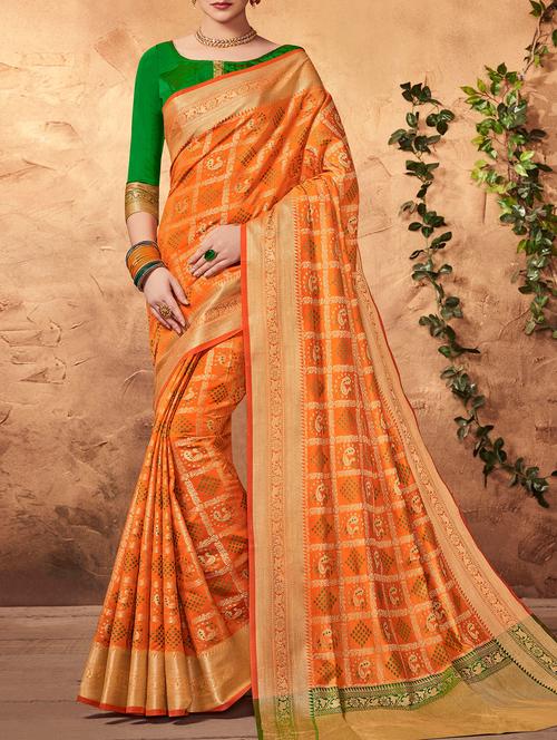 orange patola silk saree with blouse - 14968249 - Very Small Image - 1