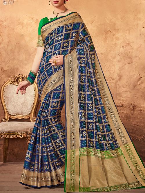 blue patola silk saree with blouse - 14968252 - Very Small Image - 1