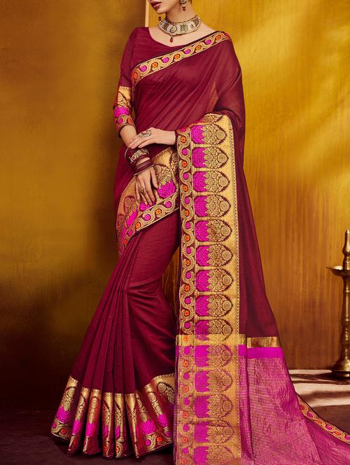 maroon silk bordered saree with blouse - 14968265 - Very Small Image - 1