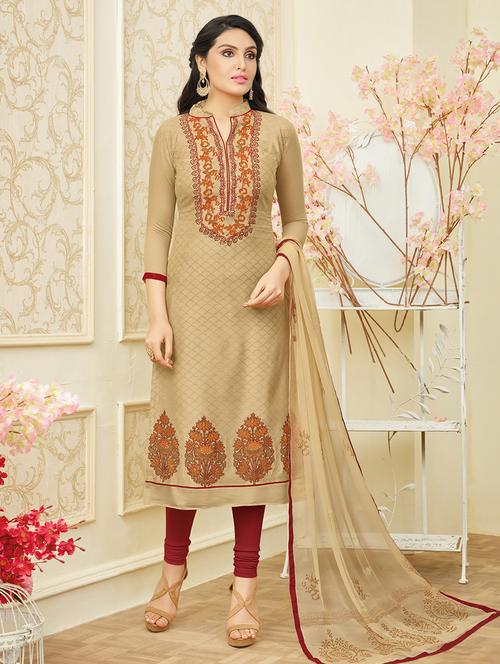 beige churidaar suit unstitched suit set - 14972225 - Very Small Image - 1