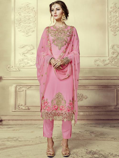 embroidered pink georgette semi-stitched straight pant suits - 14972808 - Very Small Image - 1