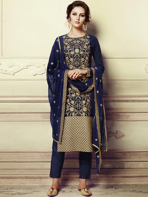 embroidered blue georgette semi-stitched straight pant suits - 14972809 - Very Small Image - 1