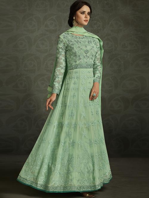 sea green embroidered semi-stitched anarkali suit - 14972814 - Very Small Image - 1