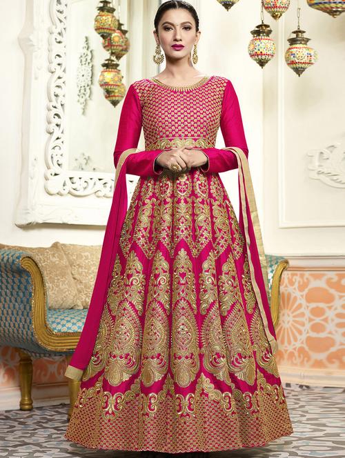 pink embroidered semi-stitched anarkali suits - 14972818 - Very Small Image - 1