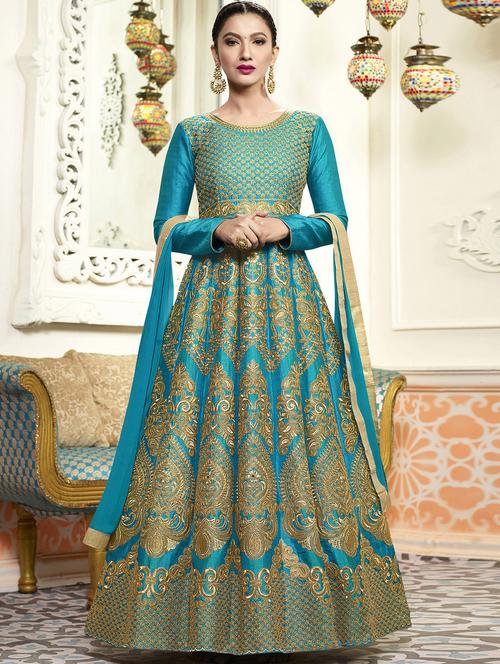 sky blue embroidered semi stitched suit - 14972819 - Very Small Image - 1
