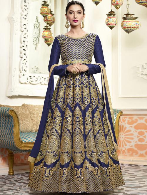 blue semi-stitched embroidered silk anarkali suits - 14972820 - Very Small Image - 1