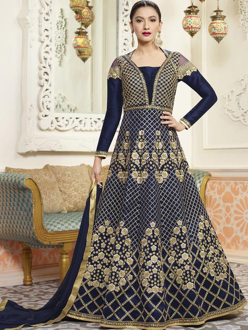 blue embroidered anarkali semi-stitched suits - 14972825 - Very Small Image - 1