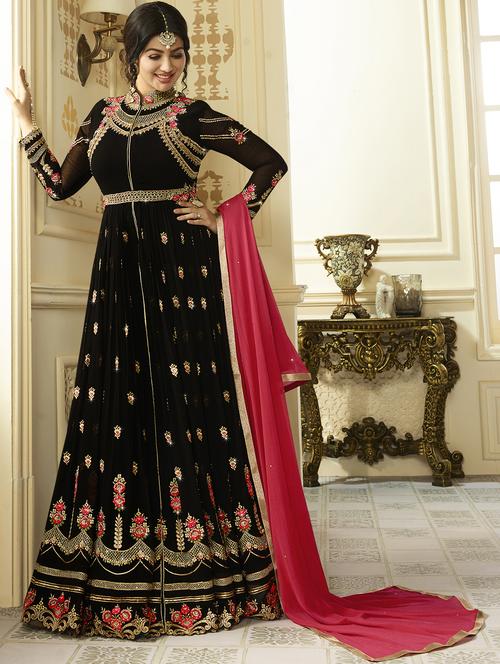 black embroidered semi-stitched anarkali suit - 14972934 - Very Small Image - 1
