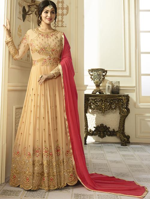 beige georgette semistitched suit - 14972935 - Very Small Image - 1