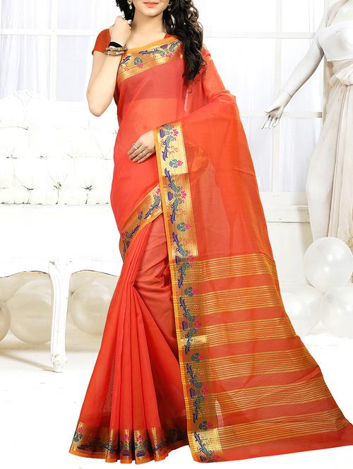 orange cotton blend bordered saree with blouse - 14973385 - Very Small Image - 1