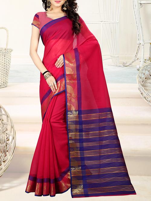 pink cotton blend bordered saree with blouse - 14973389 - Very Small Image - 1