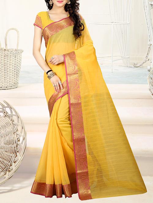 yellow cotton blend bordered saree with blouse - 14973396 - Very Small Image - 1