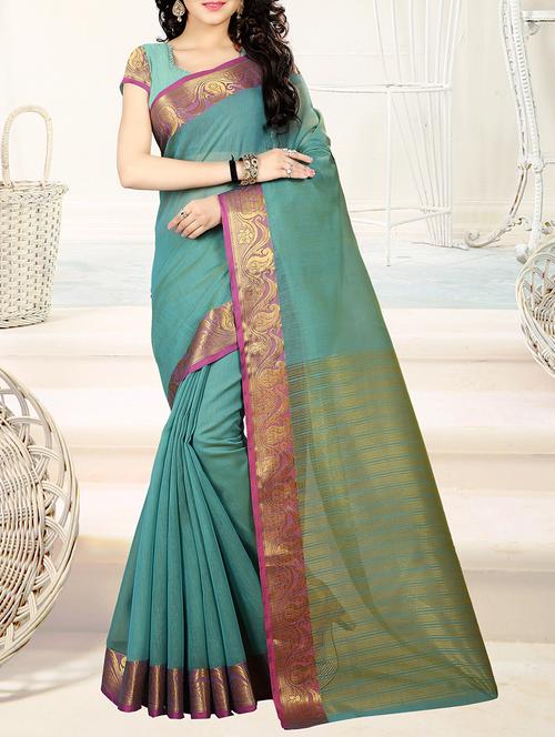 turquoise cotton blend bordered saree with blouse - 14973397 - Very Small Image - 1