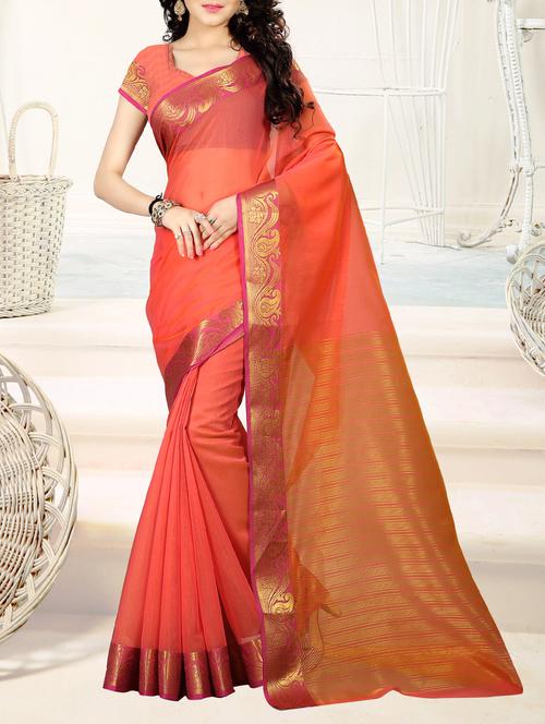 orange cotton blend bordered saree with blouse - 14973398 - Very Small Image - 1