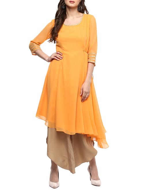 yellow georgette solid kurta - 14973664 - Very Small Image - 1
