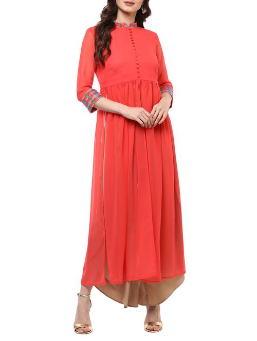 peach georgette solid kurta - 14973666 - Very Small Image - 1