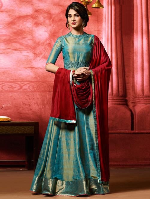 blue anarkali semi-stitched suit - 14974311 - Very Small Image - 1