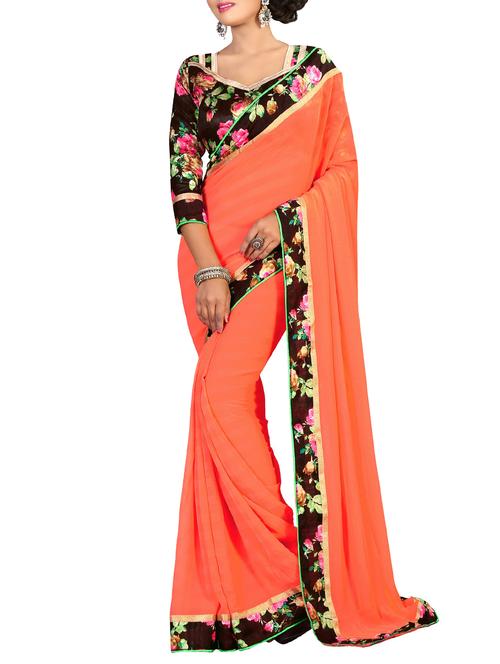 orange chiffon bordered saree with blouse - 14974727 - Very Small Image - 1