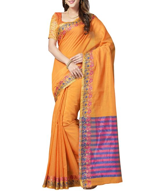 orange cotton blend bordered saree with blouse - 14978983 - Very Small Image - 1