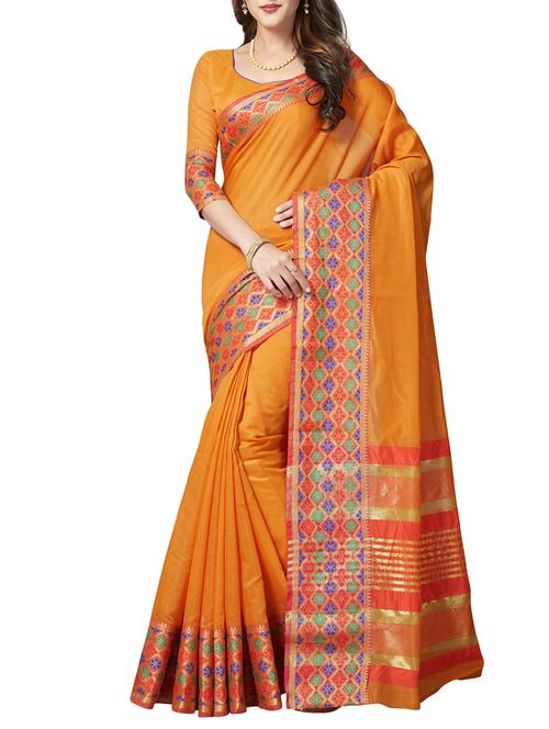 orange cotton blend bordered saree with blouse - 14978984 - Very Small Image - 1