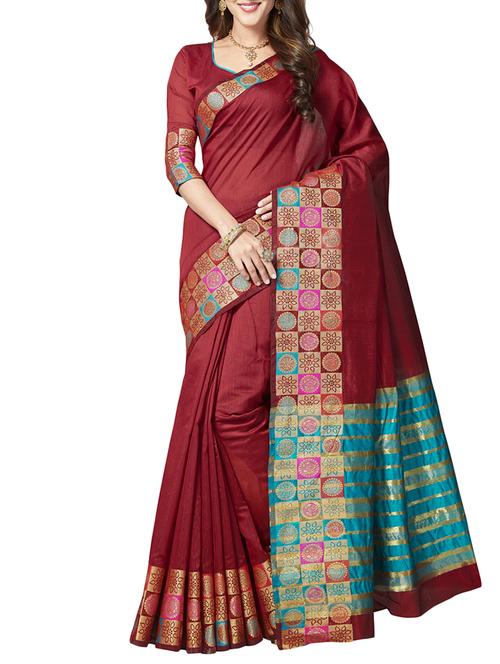 maroon cotton blend bordered saree with blouse - 14978987 - Very Small Image - 1