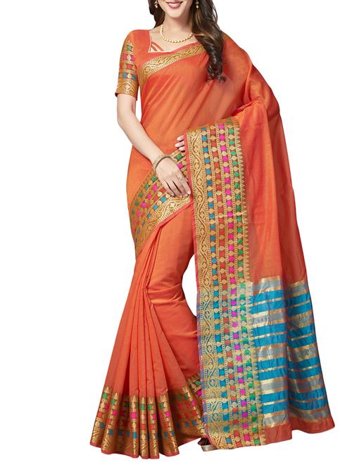 orange cotton blend bordered saree with blouse - 14978989 - Very Small Image - 1