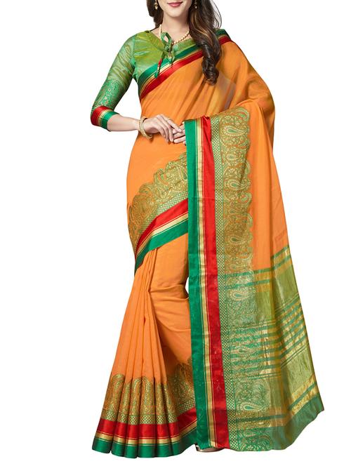 orange cotton blend woven saree with blouse - 14978996 - Very Small Image - 1