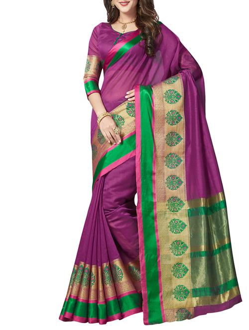 purple cotton blend bordered saree with blouse - 14979002 - Very Small Image - 1
