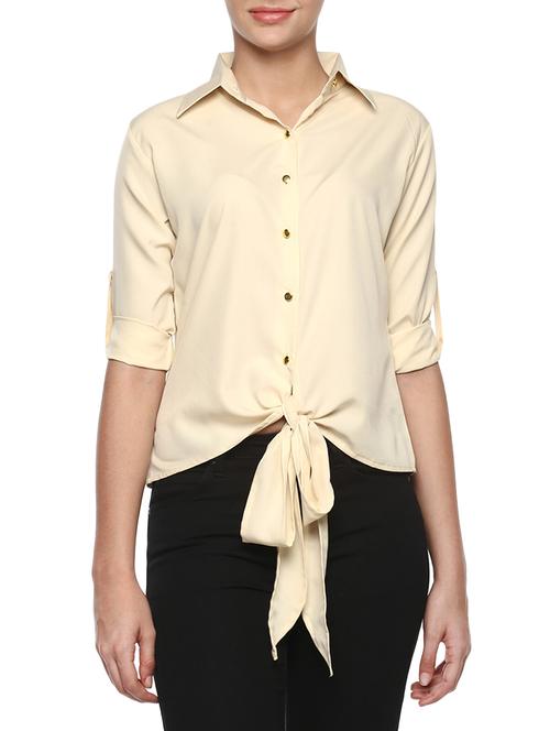 beige solid front bow tie up shirt - 14979475 - Very Small Image - 1