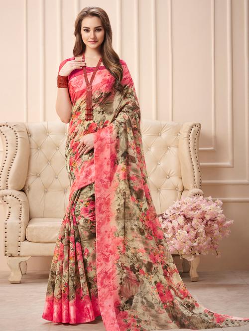 beige linen printed saree with blouse - 14979557 - Very Small Image - 1