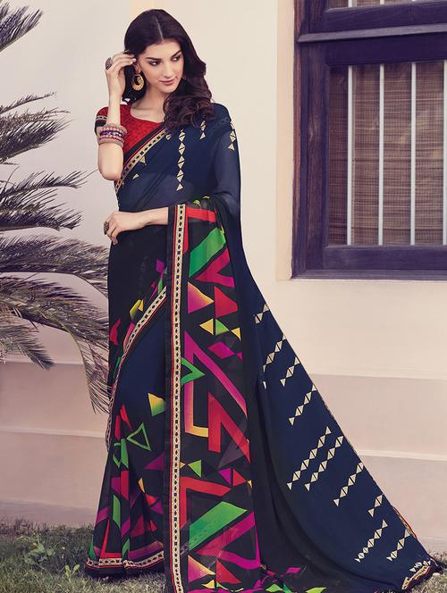 blue georgette printed saree with blouse - 14979562 - Very Small Image - 1